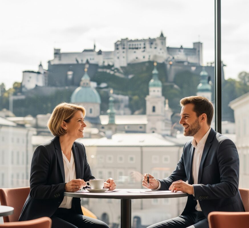 A professional but approachable photo of two people having a positive business meeting in a modern café, with a view of the Hohensalzburg Fortress in the background.