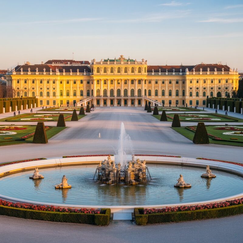 A photograph capturing a breathtaking view of Schönbrunn Palace in Vienna, Austria. The palace stands majestically, showcasing its intricate baroque architecture with a pale yellow facade and a sea of red tile roofs. A perfectly manicured formal garden extends outward from the palace, filled with precisely trimmed hedges, vibrant flowerbeds, and ornate fountains reflecting the sunlight. The late afternoon light casts a warm golden glow across the scene, enhancing the grandeur of the palace and creating long shadows across the gardens.