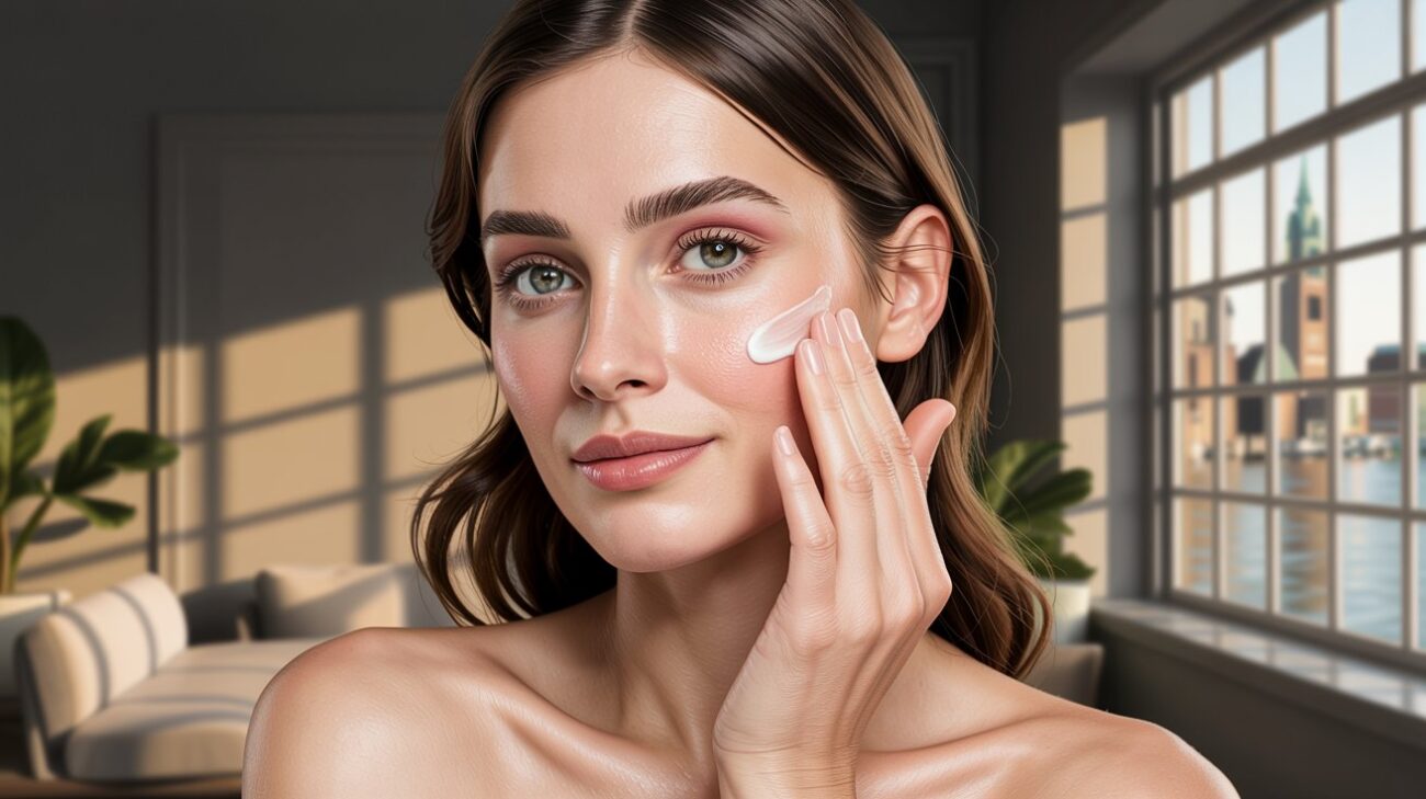 A close-up shot of a woman with beautiful, glowing skin, applying a cream. The background could be a blurred, stylish interior or a hint of the Hamburg HafenCity.