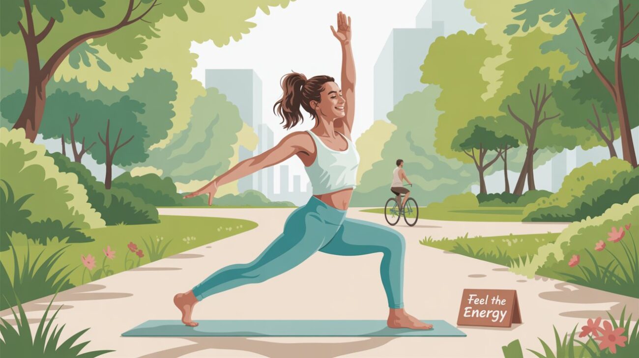 An energetic photo of a person jogging or doing yoga in a recognizable Berlin park like Tiergarten, looking happy and healthy. The focus is on vitality, not just weight loss.